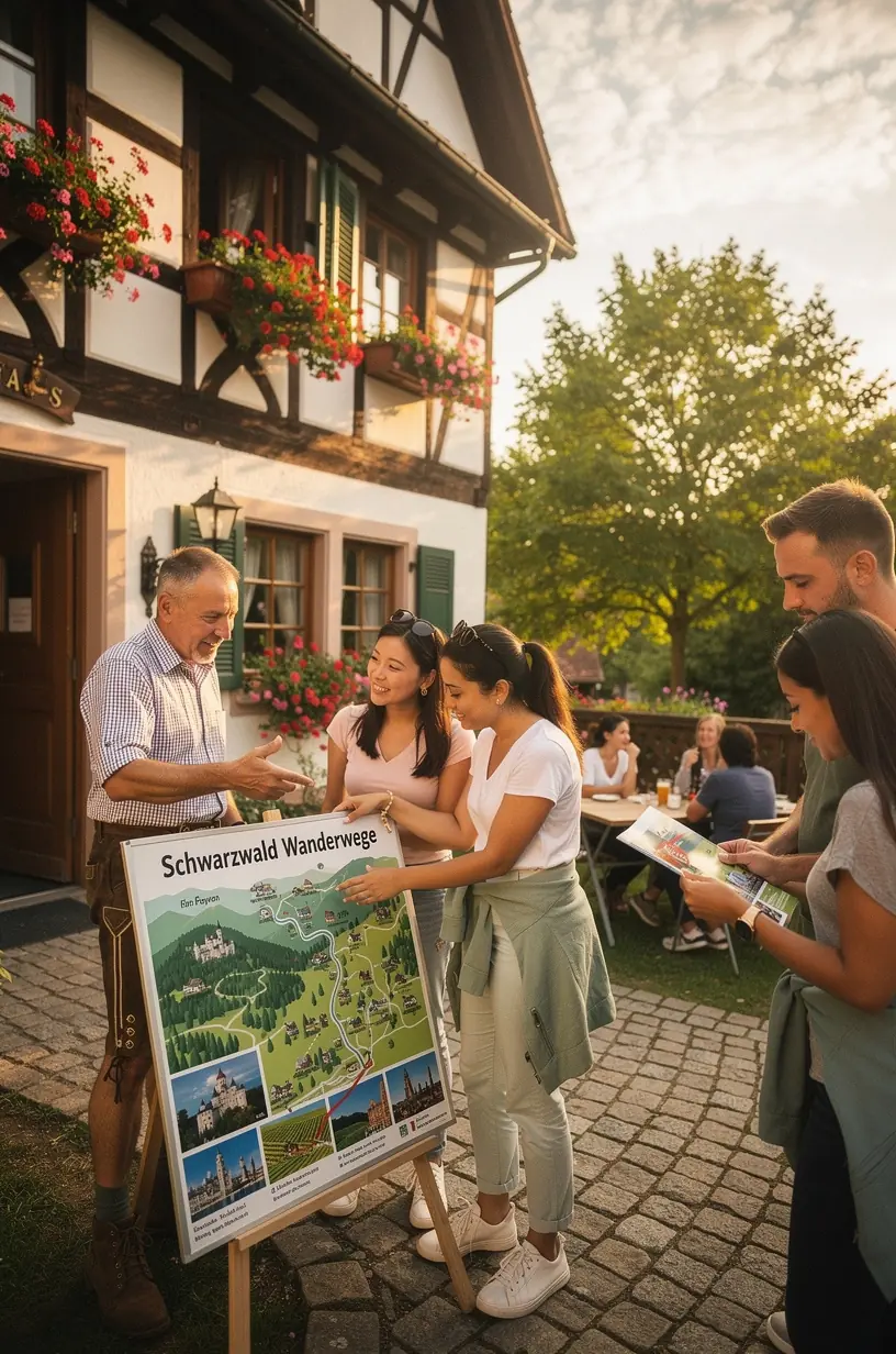 Nahaufnahme eines handgezeichneten Reiseplans, der Sehenswürdigkeiten und empfohlene Stopps in Bayern hervorhebt.